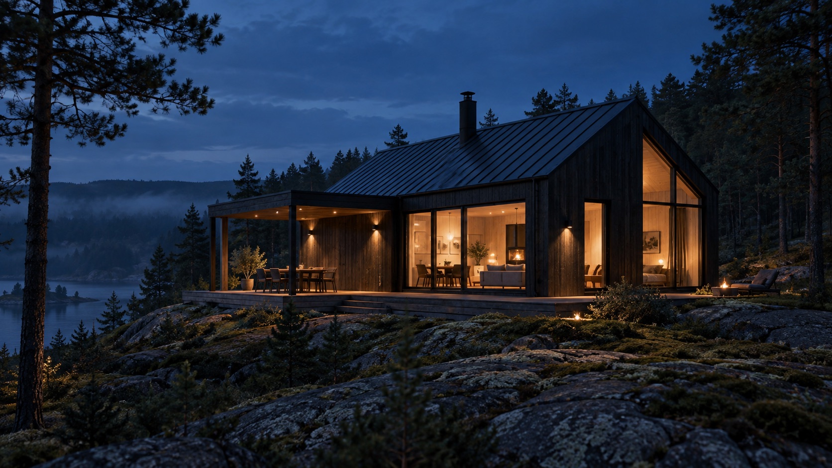NORD CABIN светится в лесу в синий час