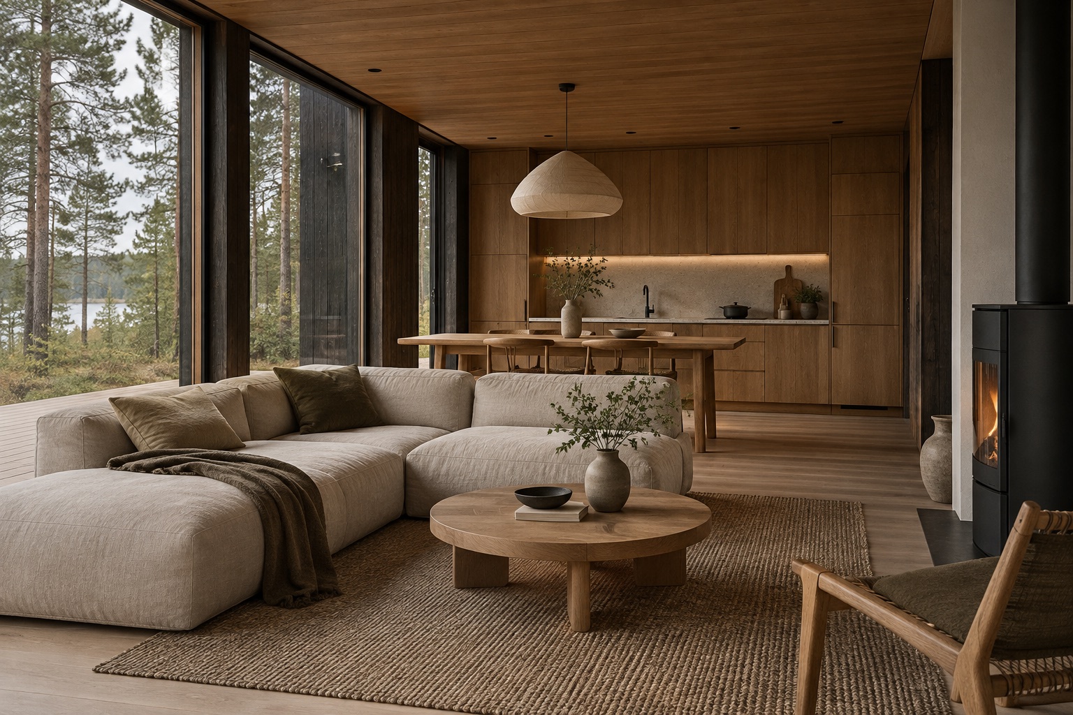 Гостиная и кухня NORD CABIN с видом на лес